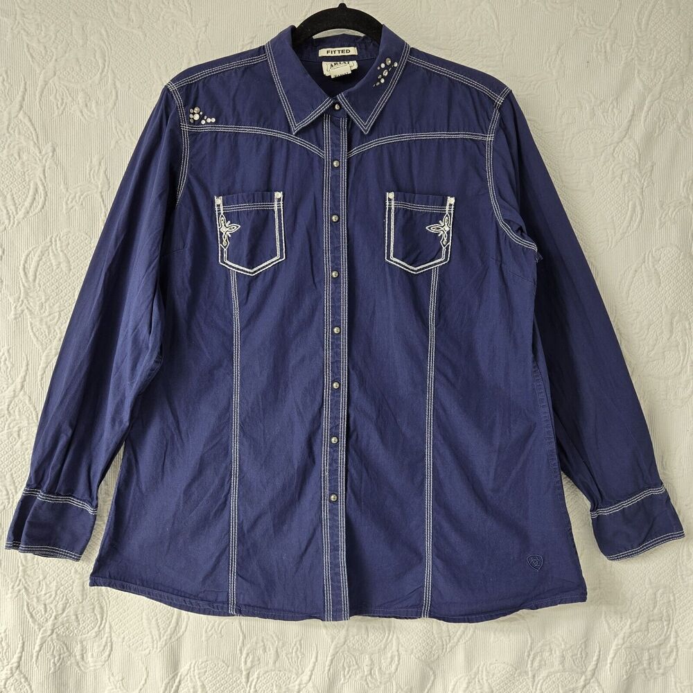 Ariat Fitted Western Button Down Blue Shirt Women XXL Rhinestones Embroidered
